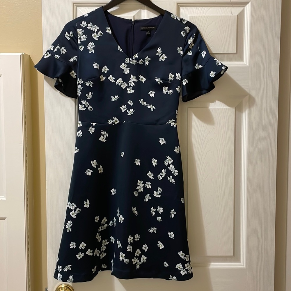 Navy Floral Fit-and-Flare Dress with Flutter Sleeves